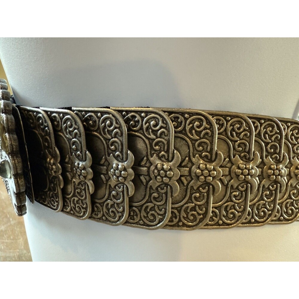 Belt OSFM Metal Silver Tone Elastic Stretch Oval Buckle w/ Enamel & Bling Vtg - Picture 3 of 16